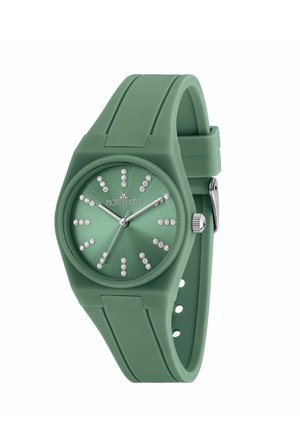 Orologio da polso con cinturino in silicone verde, quadrante rotondo, indicatori delle ore in cristallo, lancette argento e logo Morellato sul quadrante.