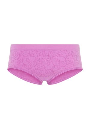 Lyserøde bomulds hipster trusser med et blomsterdesign i en lidt mørkere nuance, blød elastisk talje og glat tekstur.