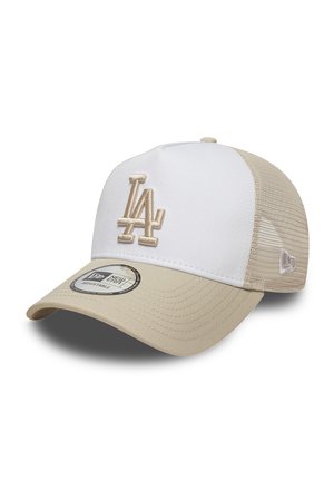 Beige and white adjustable mesh baseball cap with embroidered "LA" logo on front and New Era sticker on the brim.