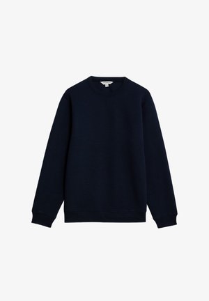 Navy blue sweatshirt with a textured herringbone pattern, round neckline, and ribbed cuffs and hem. Made of soft, durable fabric.