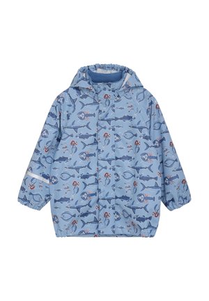 Imperméable à capuche pour enfants de couleur bleu clair avec poignets élastiques, orné d'un motif de créatures marines et de crustacés bleu foncé.