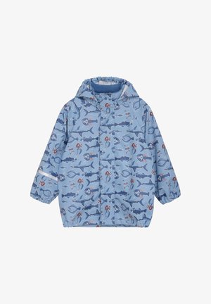 Impermeable infantil con capucha de color azul claro, con puños elásticos y un patrón de criaturas marinas y crustáceos en azul oscuro.