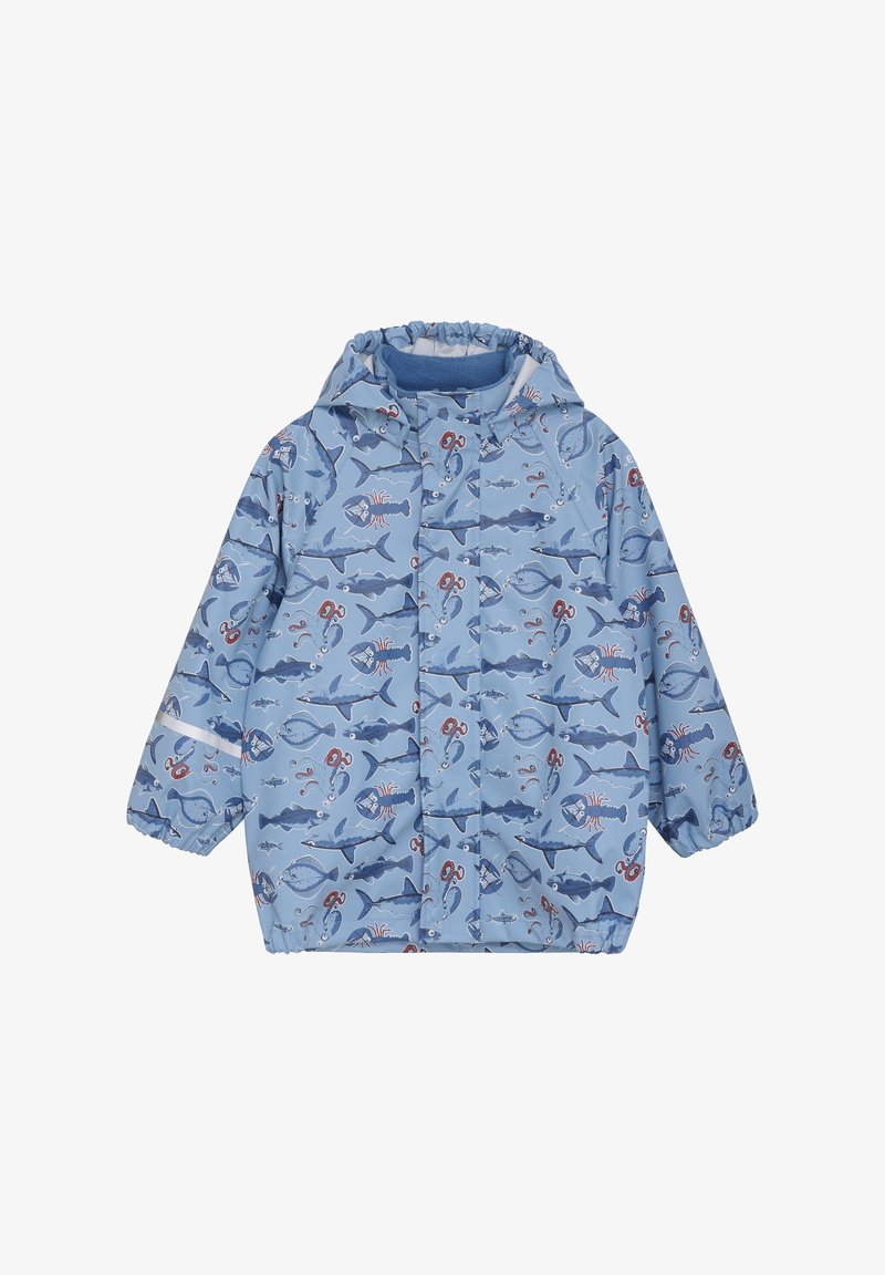Imperméable à capuche pour enfants de couleur bleu clair avec poignets élastiques, orné d'un motif de créatures marines et de crustacés bleu foncé.