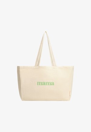 Borsa in cotone di colore crema con il testo "mama" verde; presenta manici lunghi e una forma rettangolare spaziosa. Gli accessori includono bordi cuciti.