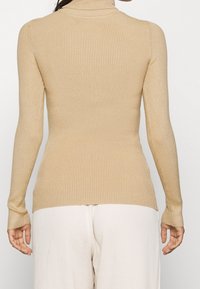 Pull à col roulé beige côtelé à manches longues et coupe ajustée, avec une finition texturée et un ourlet légèrement effilé.