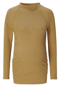 Dlouhý rukáv top v hořčicově žluté barvě, vyrobený z žebrované tkaniny, s přiléhavým střihem a vysokým výstřihem.