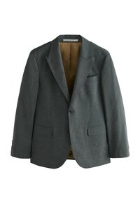 Blazer ajusté vert foncé en tissu texturé, avec un revers cranté, une fermeture à un bouton et deux poches avant. Intérieur doublé.