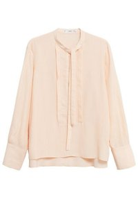 Bluzka w kolorze brzoskwiniowym, z długim rękawem, subtelny wzór w teksturowane paski, z zapięciem na guziki z przodu oraz okrągłym kołnierzykiem. Wykonana z miękkiego materiału, w luźnym kroju.