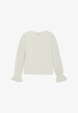 Witte lange mouwen top met geribbelde textuur en puffende schouders. Kenmerkt zich door een verfijnde kanten accent bij de manchetten. Eenvoudige ronde halslijn.