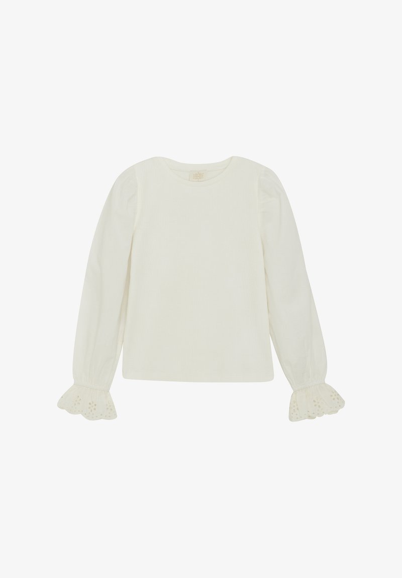 Weißes Langarmoberteil mit geripptem Material und gepufften Schultern. Verfügt über eine zarte Spitzenakzentuierung an den Bündchen. Einfacher runder Halsausschnitt.