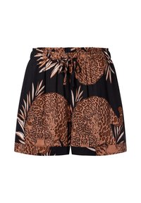 Schwarze Shorts mit einem braunen Leopardenmuster und Palmenblattakzenten, elastischem Bund und verstellbarem Kordelzug.