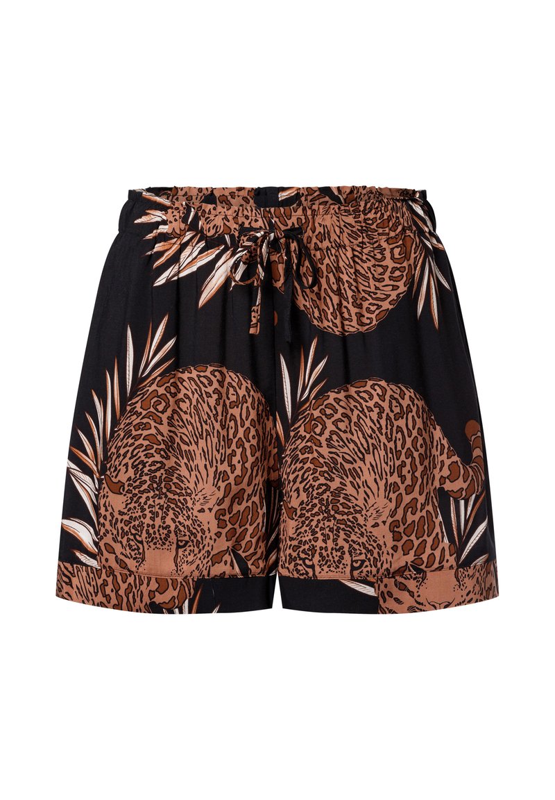 Schwarze Shorts mit einem braunen Leopardenmuster und Palmenblattakzenten, elastischem Bund und verstellbarem Kordelzug.