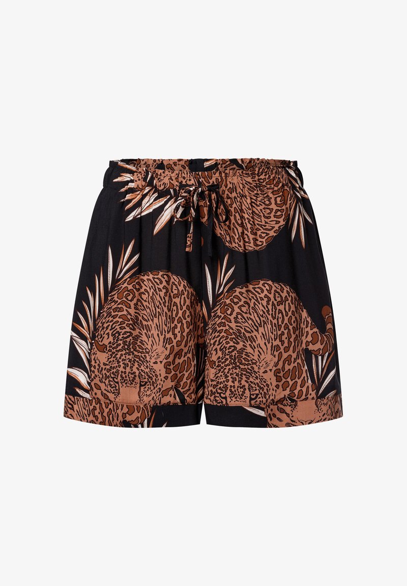 Schwarze Shorts mit einem braunen Leopardenmuster und Palmenblattakzenten, elastischem Bund und verstellbarem Kordelzug.