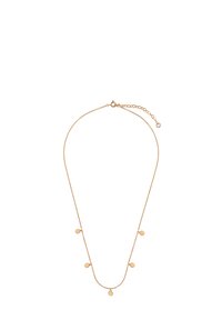 Złoty naszyjnik z delikatnym łańcuchem, ozdobiony kilkoma małymi, okrągłymi zawieszkami. Zaprojektowany z myślą o subtelnym i eleganckim wyglądzie.