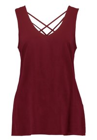 Burgundy ärmlös topp med djup v-ringning och korsade baktjejer. Mjuk tyg med en slät yta. Lätt och luftig silhuett.