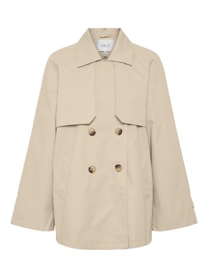 Beige dobbeltradet trenchcoat med bred krave, lange ærmer, to for- lommer og brune knapper. Glat, letvægtsstof.