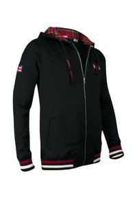 Sort hættejakke med lynlås og rød ternet for, der har et logo-patch på venstre ærme, frontlommer og stribede ribbede manchetter og kant.