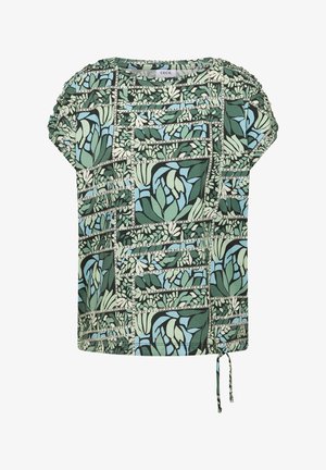 Koszula z krótkim rękawem z zielonym, niebieskim i kremowym abstrakcyjnym kwiatowym i geometrycznym wzorem patchworkowym, z troczkiem po prawej stronie na dole.
