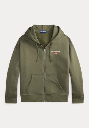Olivengrøn lynlås-hoodie med forlommer, snøre i hætten og lille Polo Sport-logo med amerikansk flag på brystet.