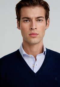 Pull bleu marine à col en V en tissu tricoté doux, porté sur une chemise habillée rayée bleu clair et blanche avec des boutons et un col visibles.