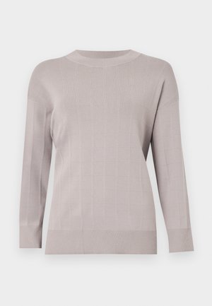 Light gray sweater with a textured grid pattern, long sleeves, round neckline, and ribbed cuffs and hem. Made from soft, stretchy fabric.