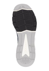 Svart och grå sula på en sneaker med ett zigzagmönster, med central vit gummidetalj och texturerade detaljer på sidorna.