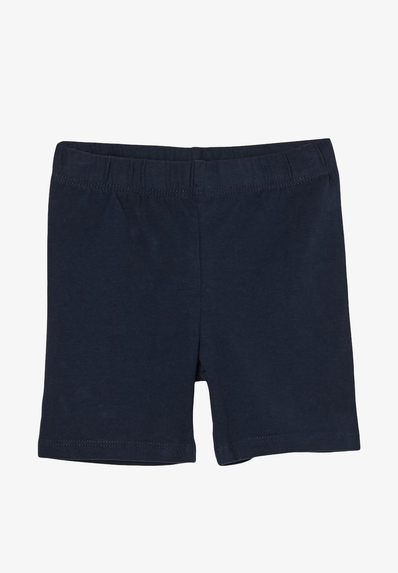 Shorts en coton bleu marine avec une ceinture élastique. Design simple sans poches, mettant en valeur une texture lisse et des coutures nettes.
