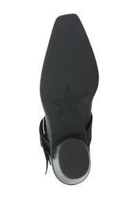 Suola di una scarpa nera con una texture liscia. Presenta un motivo a stelle e un tacco arrotondato. Taglia indicata come 40. Accenti in gomma trasparente visibili.