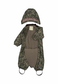 Groene bovenkleding met bloemenpatroon, uitgerust met een afneembare capuchon, gewatteerde voering, elastische manchetten en voetbanden. Voorzien van een rits aan de voorkant voor gemakkelijke toegang.
