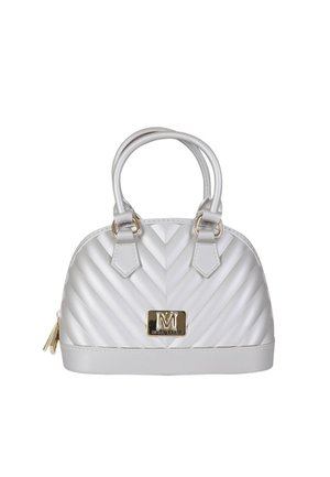 Borsa bianca trapuntata con motivo a chevron, accessori dorati, doppio manico e dettaglio con cerniera. Texture liscia con forma a cupola strutturata.