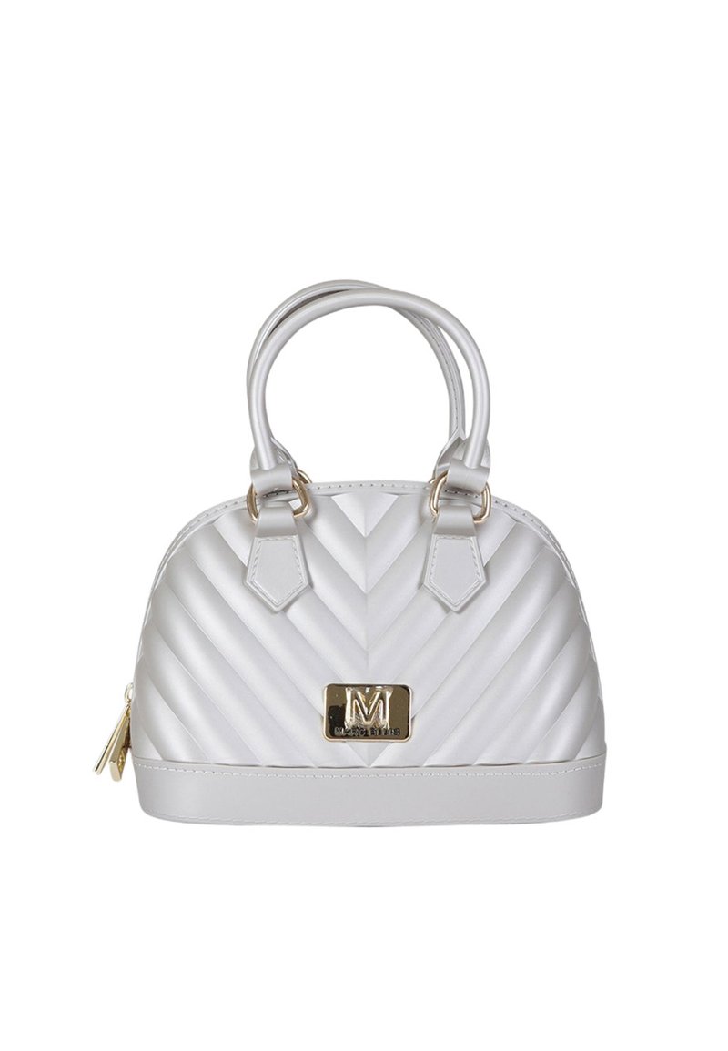 Borsa bianca trapuntata con motivo a chevron, accessori dorati, doppio manico e dettaglio con cerniera. Texture liscia con forma a cupola strutturata.