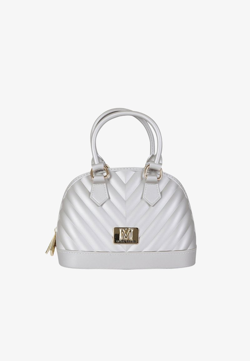 Borsa bianca trapuntata con motivo a chevron, accessori dorati, doppio manico e dettaglio con cerniera. Texture liscia con forma a cupola strutturata.