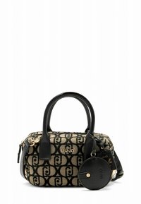 Sac à main Liu Jo doté d'un corps en toile à motifs beige et noir, ferrures dorées, doubles poignées arrondies et un porte-clés rond amovible.