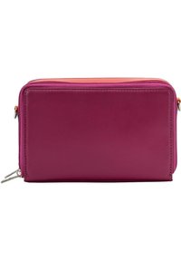 Rectangular wallet in deep purple and coral, made of smooth synthetic material. zipper closure with silver hardware, no visible patterns.