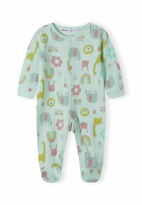 Šviesiai žalias jumpsuit'as, pagamintas iš minkštos medžiagos, su spalvingais gyvūnų ir gėlių raštais, apvaliu iškirpimu ir spaudžių mygtukų užsegimu priekyje.