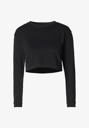 Sweatshirt noir court en tissu doux. Doté de manches longues, d'un col rond et d'une coupe ajustée avec un ourlet fini.