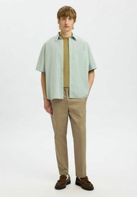 Korte mouwen groen-wit gestreepte shirt over een beige ronde hals, gecombineerd met lichtbeige broeken en bruine schoenen, met een ontspannen pasvorm.