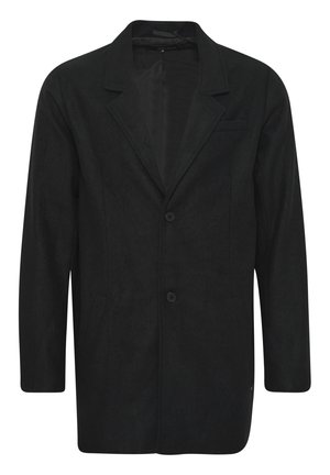 Schwarzer Blazer aus strukturiertem Stoff, mit einem einreihigen Design, zwei vorderen Taschen, zwei Knöpfen und einem Reverskragen.
