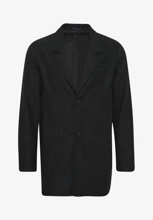 Sort blazer lavet af tekstureret stof, med en enkeltstående design, to frontlommer, to knapper og en klippet krave.
