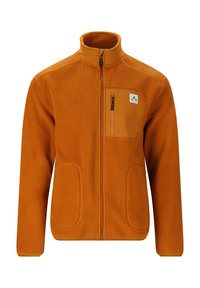 Veste en polaire orange avec un col haut, poche zippée à l'avant et deux poches latérales. Tissu texturé avec une apparence confortable.
