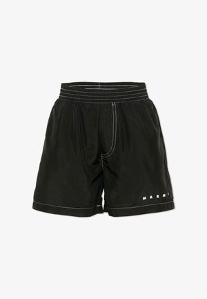 Zwarte shorts met losse pasvorm, elastische tailleband, witte contrasterende stiksels en het "MARNI"-logo op het onderste rechterbeen.