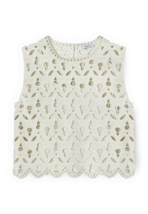 Sleeveless white lace crop top with floral cut-out patterns, scalloped hem, and round neckline, made of lightweight fabric.