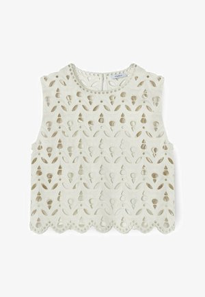 Sleeveless white lace crop top with floral cut-out patterns, scalloped hem, and round neckline, made of lightweight fabric.