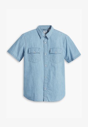 Camicia azzurra a maniche corte con bottoni, realizzata in denim, con due tasche sul petto con cuciture verticali e colletto classico.