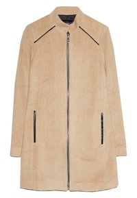 Beige suede coat with a stand collar, front zipper, and black zippered side pockets. Features diagonal black accents on the shoulders.