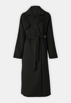 Svart ullblandingsfrakk med sjalskrage, lange ermer, belte i midjen og sidelommer. Glatt tekstur og ankel-lang design.