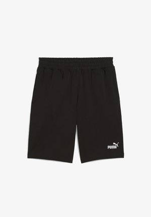 Sorte sportsshorts med elastisk taljebånd, sidelommer og et hvidt Puma-logo på nederste højre ben. Glat stofstruktur.