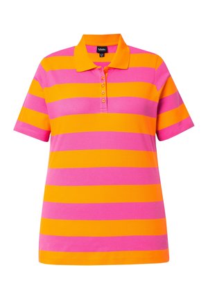 Kurzärmliges Poloshirt mit breiten horizontalen orangefarbenen und pinkfarbenen Streifen, geknöpfter Blende und orangefarbenem Kragen.