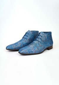 Blue patterned leather shoes with a smooth texture, pointed toe, and lace-up design. Features intricate detailing in lighter shades.