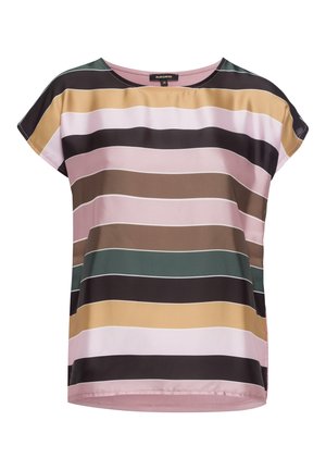 Kurzärmelige Bluse mit horizontalen Streifen in Rosa-, Braun-, Schwarz-, Senf- und Grüntönen, mit rundem Halsausschnitt.